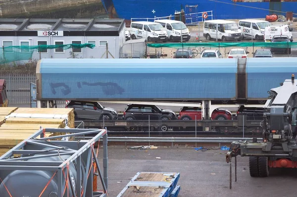 Λιμάνι Του Σαουθάμπτον Αγγλία Σεπτεμβρίου 2021 Σιδηροδρομικές Μεταφορές Έτοιμες Ξεφορτώσουν — Φωτογραφία Αρχείου