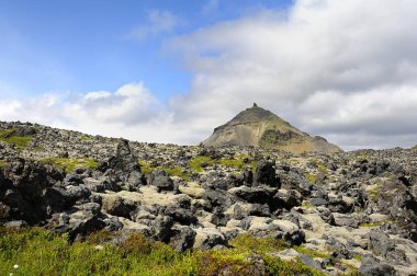 Volkanik dağın altında lav alanı ve bitki örtüsü