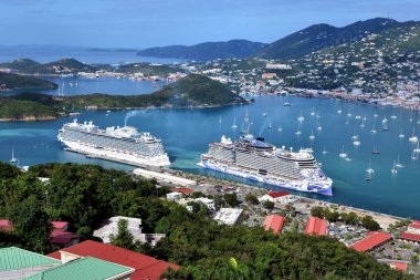 Charlotte Amalie, ABD Virgin Adaları - 3 Şubat 2024: Charlotte Amalie limanında Norveçli Viva ile birlikte Büyülü Prenses