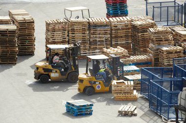 Everglades Limanı, Miami, ABD - 27 Ocak 2024: Kereste paletlerini yeniden toplayan kadın işçiler