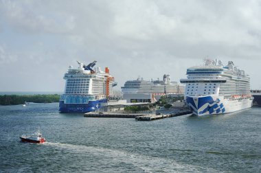 Port Everglades, Miami, USA - 27th January 2024:Sky Princess, New Asterdam and Celebrity Apex alongside in port on change over day clipart