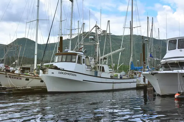 stock image Ketchikan, Alaska, USA - 1st July 2023:Locomotion fishing boat tied up in harbour