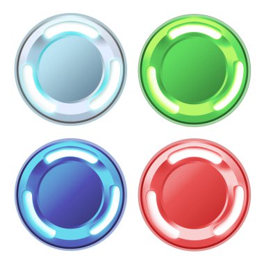 Bir para birimi veya enerji konsepti için izole bir arkaplan üzerinde farklı renklerde çeşitli video oyunu jetonları.