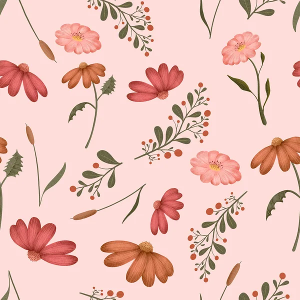 Wildflowers Och Blad Rosa Bakgrund Akvarell Målning Sömlös Upprepa Mönster — Stockfoto