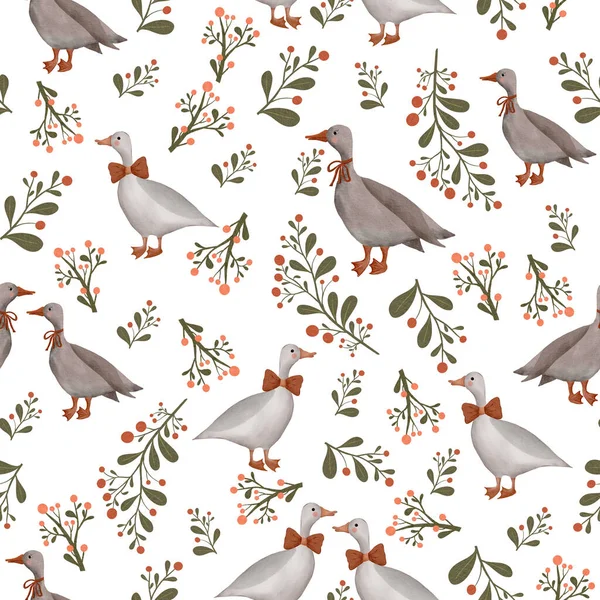 Seamless Watercolor Pattern Illustration Geese Wildflowers Berries Leaves White Background — Stock Photo, Image