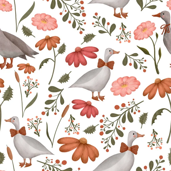 Seamless Watercolor Pattern Illustration Geese Wildflowers Leaves White Background — Stock Photo, Image