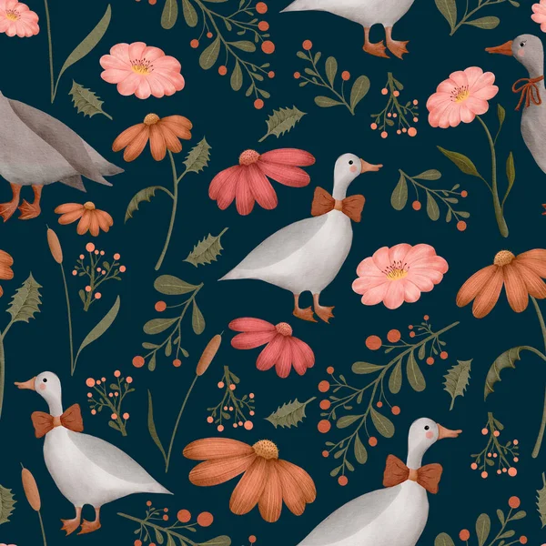 Seamless Watercolor Pattern Illustration Geese Wildflowers Leaves Dark Blue Background — Stock Photo, Image