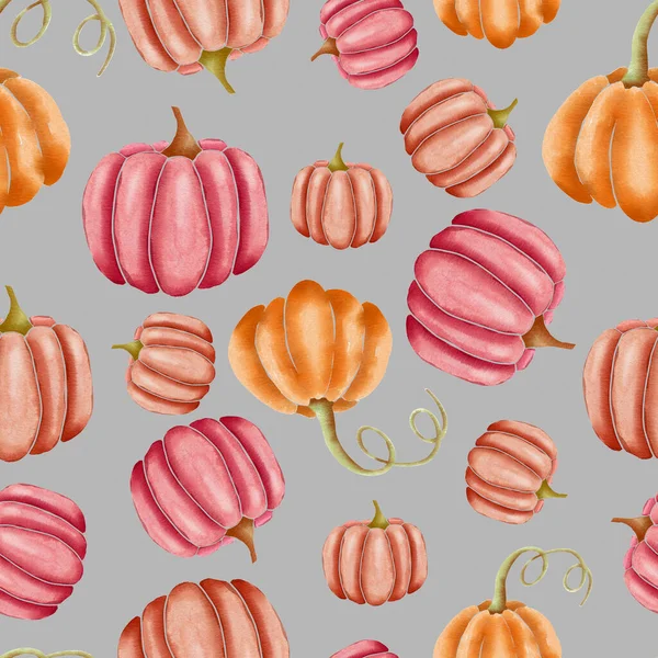 橙色和粉色手绘灰色水彩画南瓜 无缝重复平面图案设计 — 图库照片