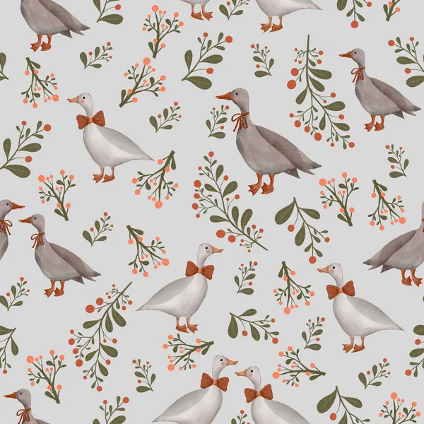 Seamless Watercolor Pattern Illustration Geese Wildflowers Berries Leaves Grey Background — Stock Photo, Image