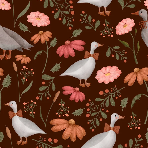 Naadloze Aquarel Patroon Illustratie Met Ganzen Wilde Bloemen Bladeren Witte — Stockfoto