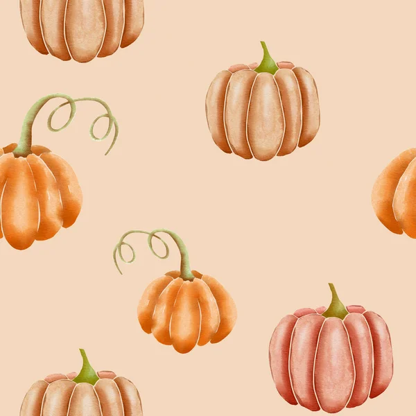 Orange Brown Pink Hand Drawn Watercolor Pumpkins Beige Seamless Repeating — Stock Photo, Image