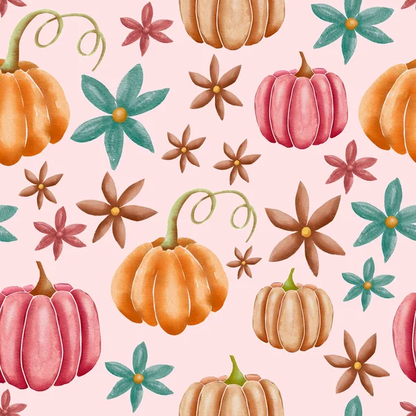 Zucche Acquerello Disegnate Mano Arancioni Rosa Con Fiori Disegno Superficie — Foto Stock