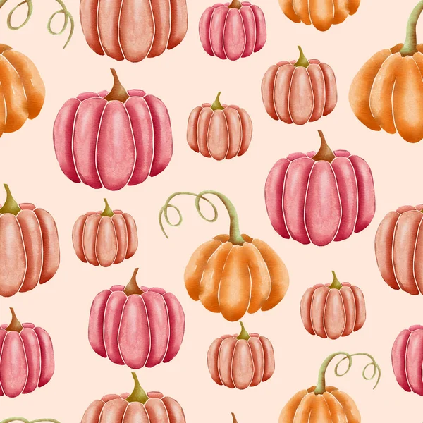 ベージュにオレンジとピンクの手描きの水彩カボチャ シームレスな繰り返し表面パターンデザイン — ストック写真