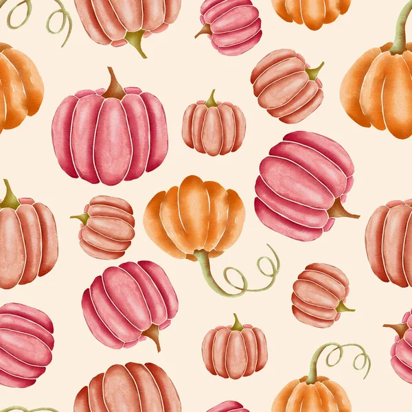 Oranje Roze Met Hand Getekende Aquarel Pompoenen Geel Naadloos Herhalend — Stockfoto