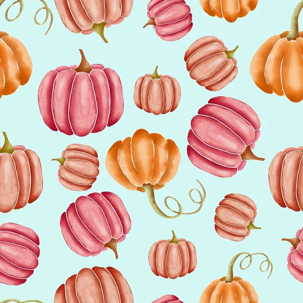 Orange Und Rosa Handgezeichnete Aquarell Kürbisse Auf Türkisfarbenem Sich Nahtlos — Stockfoto