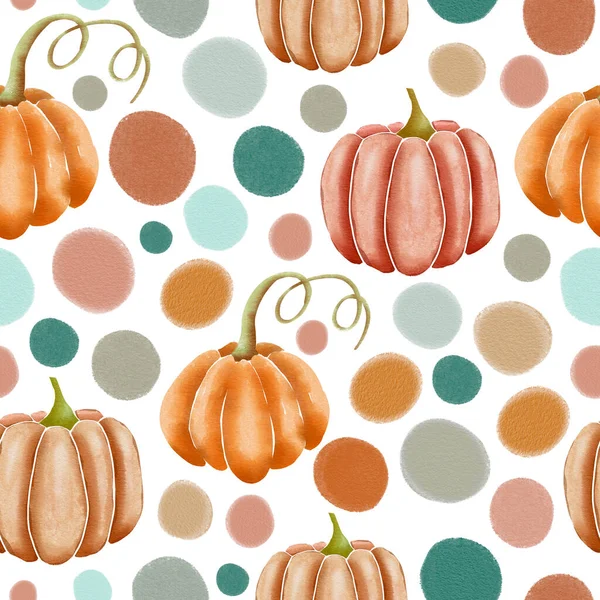 Orange Pink Hand Drawn Watercolor Pumpkins Polka Dots White Seamless — Stock Photo, Image