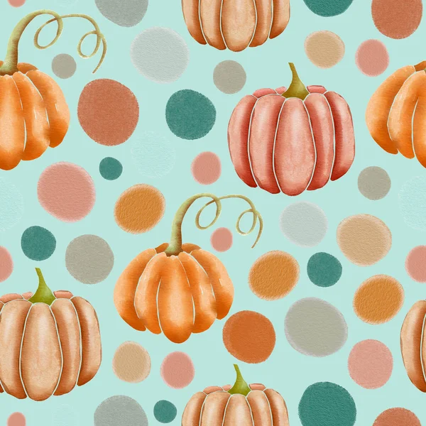 Orange Pink Hand Drawn Watercolor Pumpkins Polka Dots Turquoise Seamless — Stock Photo, Image