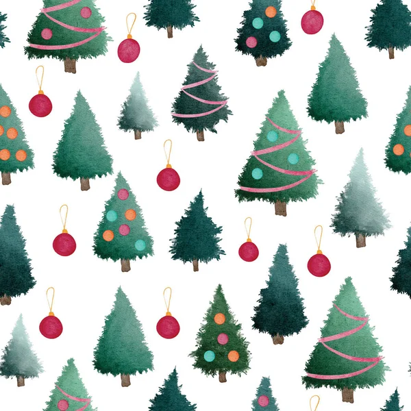 Gröna Julgranar Med Röda Grannlåt Akvarell Målning Sömlös Mönster Design — Stockfoto