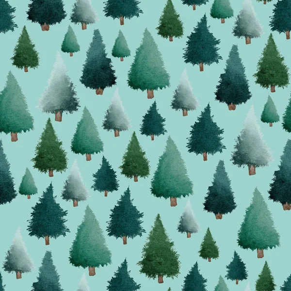 Grüne Weihnachtsbäume Aquarell Malerei Nahtlose Muster Design Illustration Auf Türkisfarbenem — Stockfoto