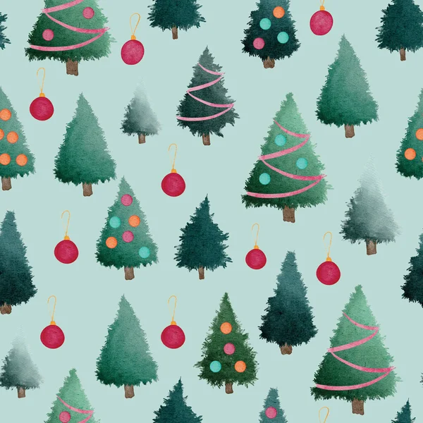 Groene Kerstbomen Met Rode Kerstballen Aquarelverf Naadloos Patroon Ontwerp Illustratie — Stockfoto
