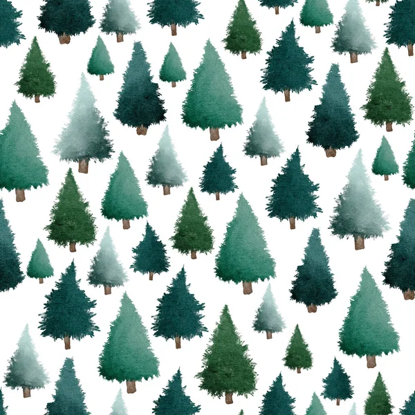 白色背景下的绿色圣诞树水彩画无缝图案设计图解 — 图库照片#
