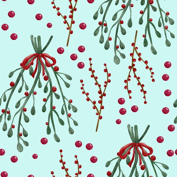 Mistletoes Και Μούρα Χριστούγεννα Floral Διακόσμηση Ακουαρέλα Ζωγραφική Απρόσκοπτη Μοτίβο — Φωτογραφία Αρχείου