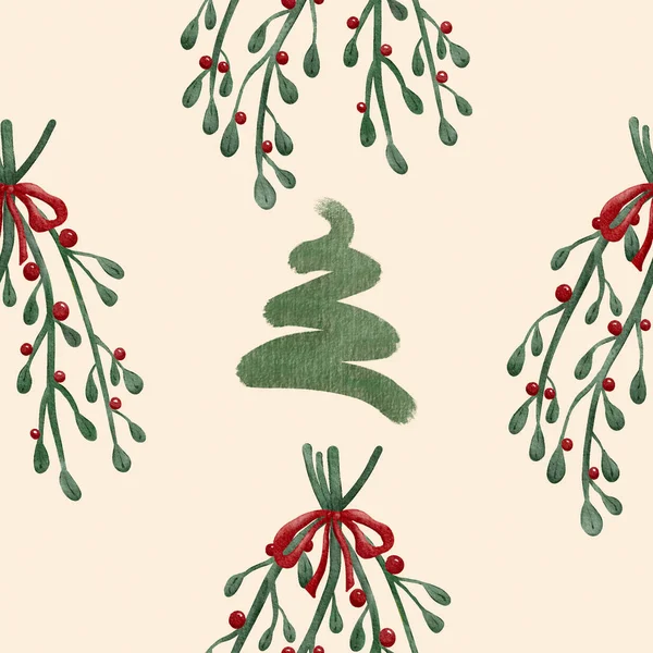 Mistlar Och Bär Med Julgran Jul Blommig Dekoration Akvarell Målning — Stockfoto
