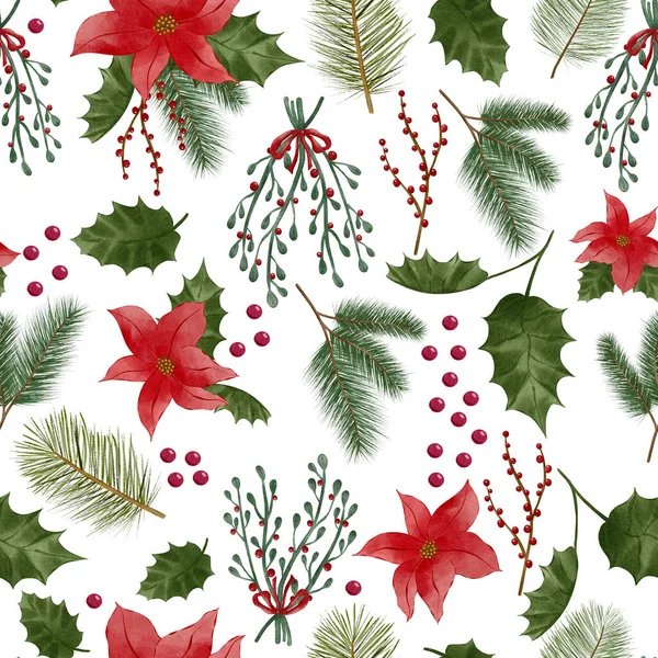 Holly Fir Mistletoes Poinsettia Christmas Flower Foral Forple Greenery Watercolor — 스톡 사진