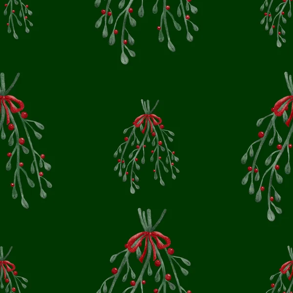 菊花和浆果圣诞花卉装饰水彩画 深绿色背景无缝图案设计图解 — 图库照片#