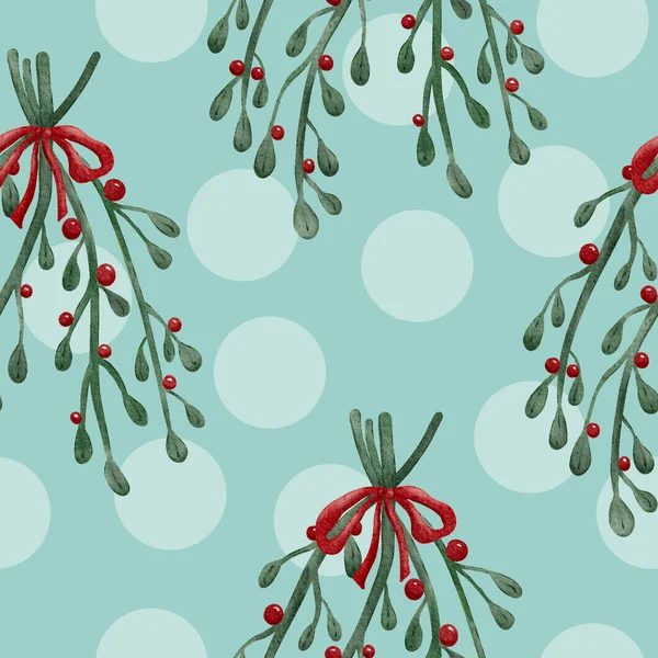 Mistletoes Berries Polka Dots Christmas Floral Decoration Watercolour Painting Seamless — Stock Photo, Image