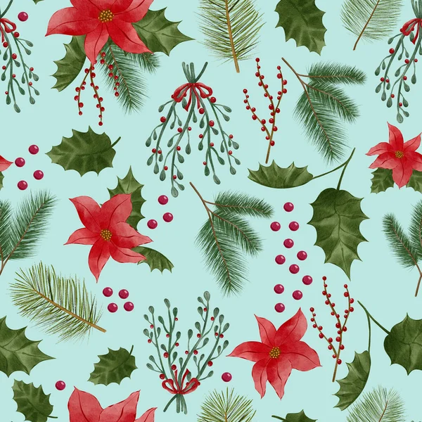 Holly Fenyő Fagyöngy Poinsettia Karácsonyi Virág Dekoráció Zöld Akvarell Festés — Stock Fotó