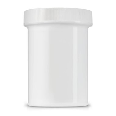 Beyaz arkaplanda izole edilmiş boş beyaz plastik kavanoz