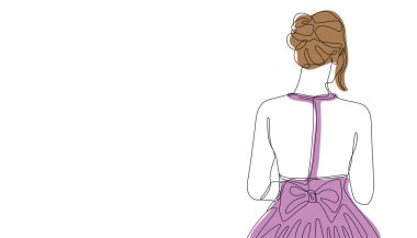 Uzun gelinlik içinde güzel bir gelin. Gece elbisesi giymiş genç bayanın tek çizgi minimalist çizimi. Kadın giyim mağazası için illüstrasyon. Güzel kokteyl elbisesi içinde zarif bir kız..