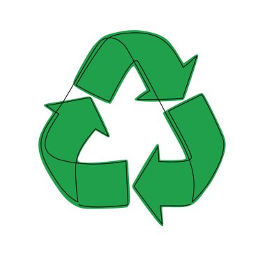 Yeşil geri dönüşüm işareti - bir çizgi sürekli çizim stili. Geri dönüşüm simgesi - geri dönüşüm kutusu için vektör tek çizgi çizimi. Beyaz arkaplanda yeşil ekoloji sembolü izole