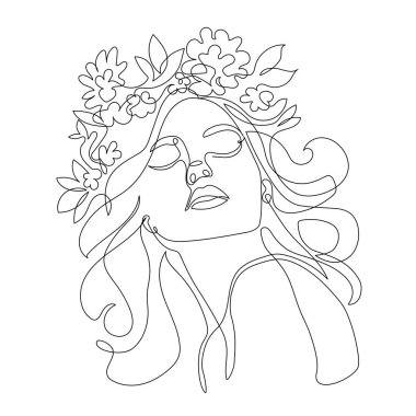 Güzel kadın yüzü - çizgi sanatı. Tek çizgi minimalist vektör çizimi. Çiçekli kadın kafası - tek çizgi kozmetik logosu. Beyaz arkaplanda soyut sürekli çizgi portresi.