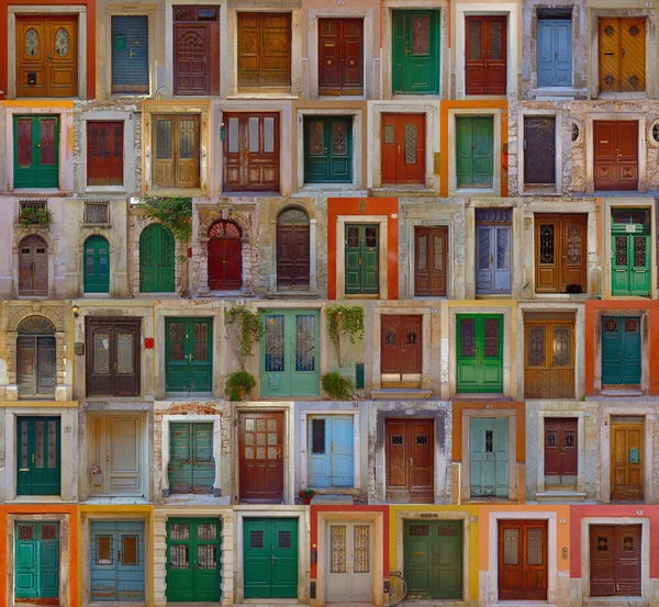 Colorful Collage Wooden Doors Ancient City Rovinj Croatia Rechtenvrije Stockafbeeldingen