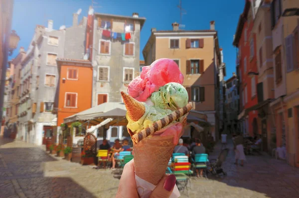 Woman Hand Hold Beautiful Bright Sweet Ice Cream Cone Different — Φωτογραφία Αρχείου