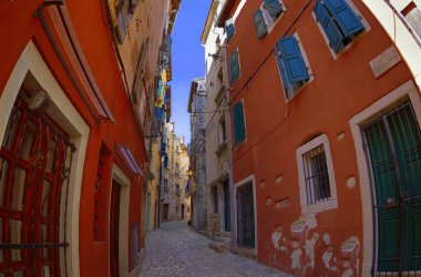 Streets of Rovinj with calm, colorful building facades, Istria, Rovinj is a tourist destination on Adriatic coast of Croatia