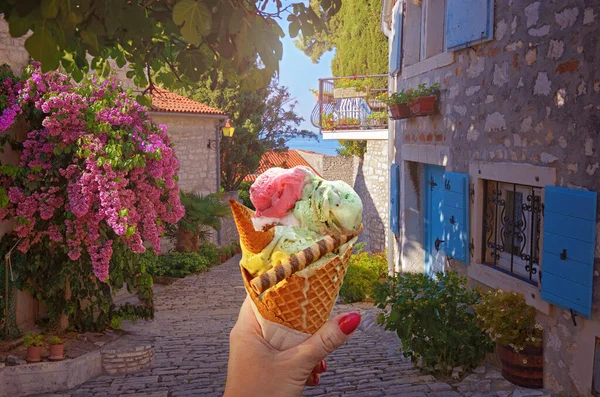 Woman Hand Hold Beautiful Bright Sweet Ice Cream Cone Different — Stock Photo, Image