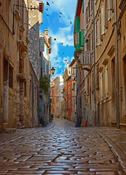 Straße Von Rovinj Mit Ruhigen Bunten Häuserfassaden Istrien Rovinj Ist — Stockfoto