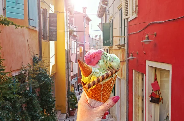 Woman Hand Hold Beautiful Bright Sweet Ice Cream Cone Different — Zdjęcie stockowe