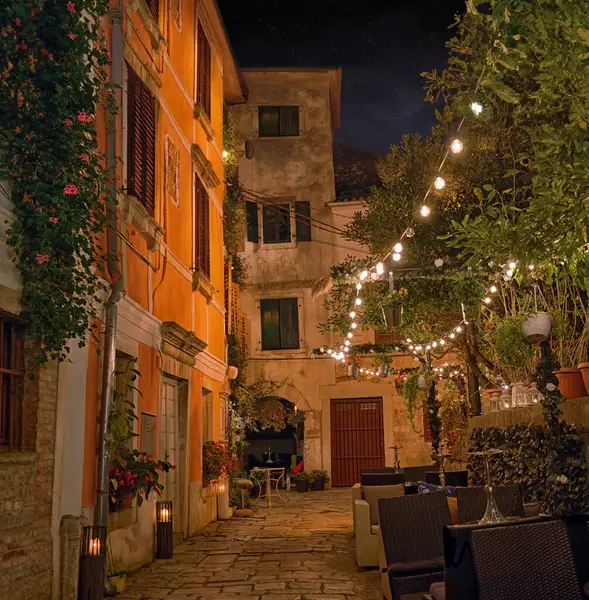 Old Street Porec Town Illuminated Lamps Evening Croatia Europe Stock Image