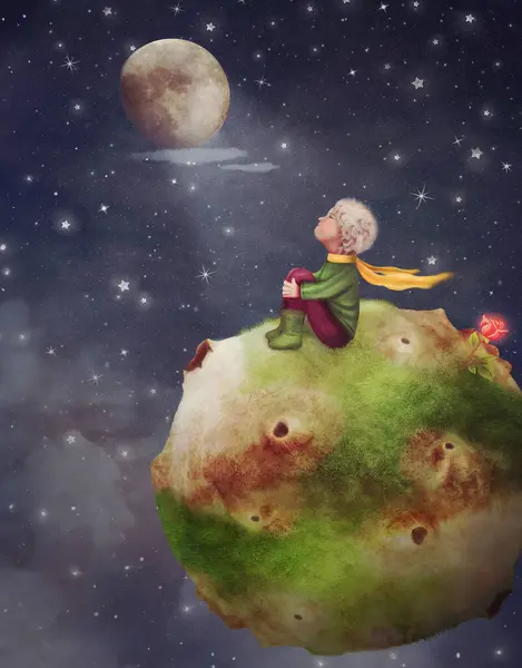Маленький Принц Своей Маленькой Планете Розой Перед Прекрасным Ночным Небом Стоковое Изображение
