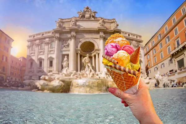 Italian Bright Sweet Ice Cream Gelato Cone Different Flavors Held — Stock Photo, Image