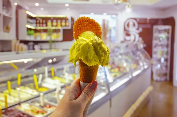 Italian Ice Cream Cone Held Hand Background Shop Rome Italy Stock Photo