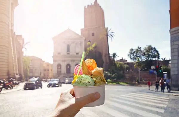 Italian Bright Sweet Ice Cream Gelato Cone Different Flavors Held Stock Photo