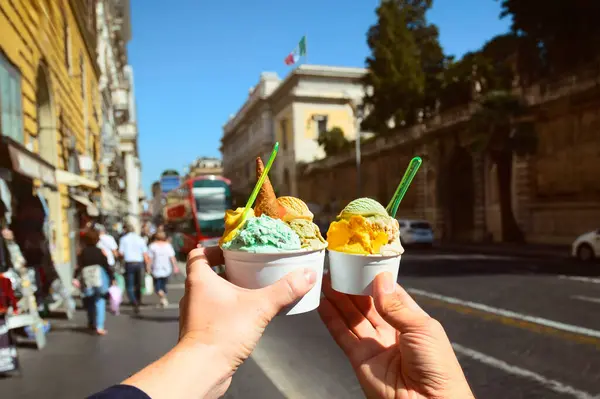 Couple Bright Sweet Italian Ice Cream Gelato Different Flavors Hands Stock Photo