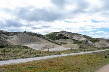 Molecaten Park Noordduinen 'deki Noordholland doğa koruma alanındaki çimlerle kaplı kumulların önündeki bisiklet yolu