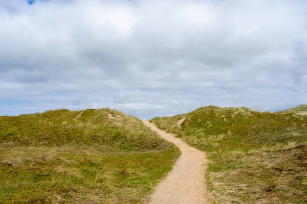 stock image Small path between the dunes that goes uphill in sunny weather with a cloudy sky in the Noordholland nature reserve in Molecaten Park Noordduinen