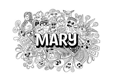 Mary # markalı karalama sanatı için el yapımı isim çizimi.